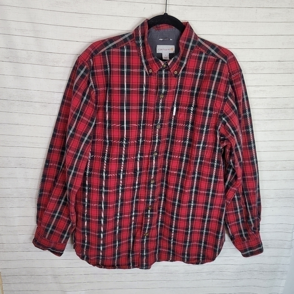 Carhartt Red Black Plaid Cotton Relaxed Fit Shirt, sz Large